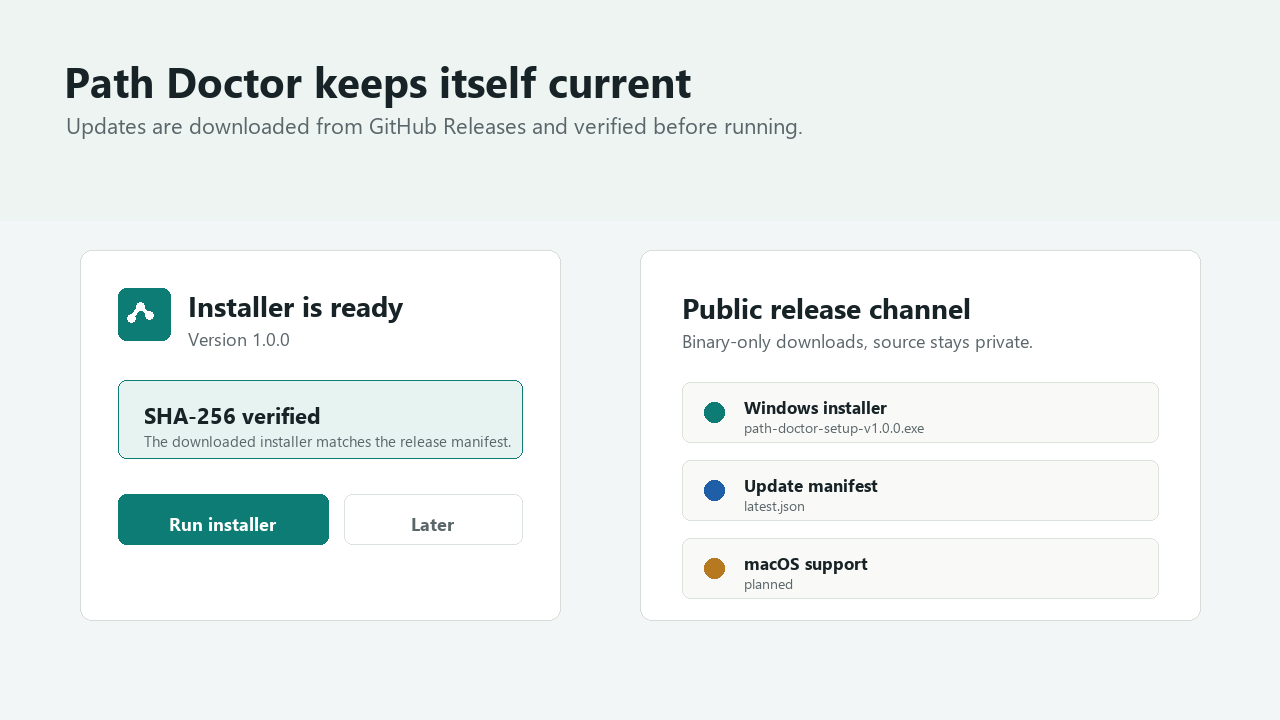 Path Doctor update check dialog and dashboard